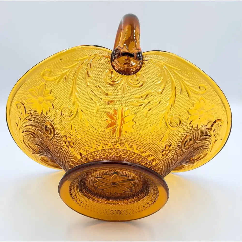 Brockway Indiana Glass Large Tiara Amber Sandwich Handled Basket Signed J.T.